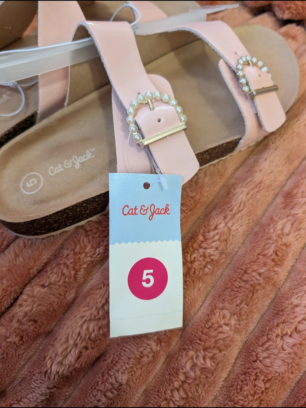 Girl Size 5 Summer Pink Pearl-Trim Double Buckle Slide Sandals